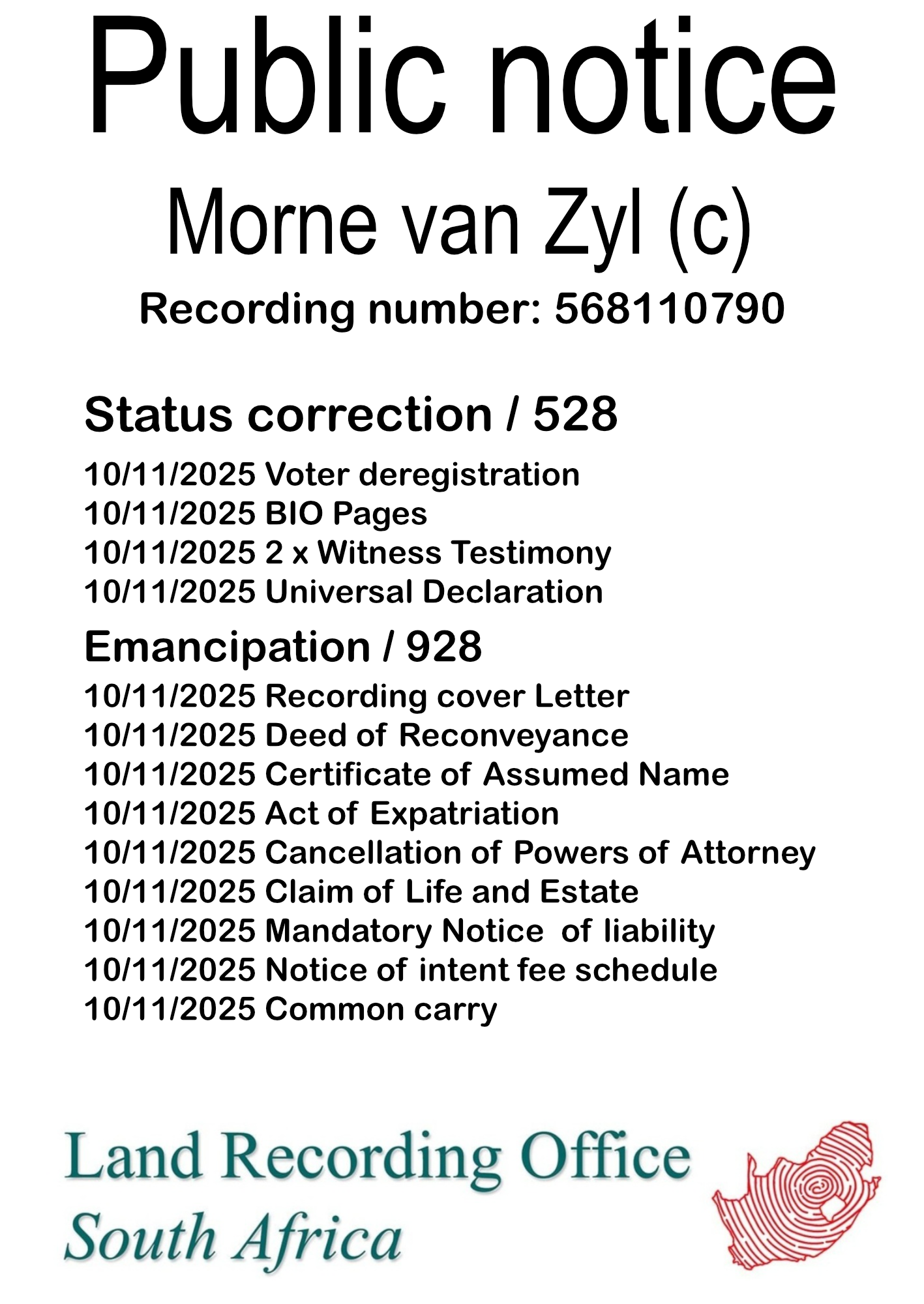 Public notice Morne van Zyl Recording number 568110790
